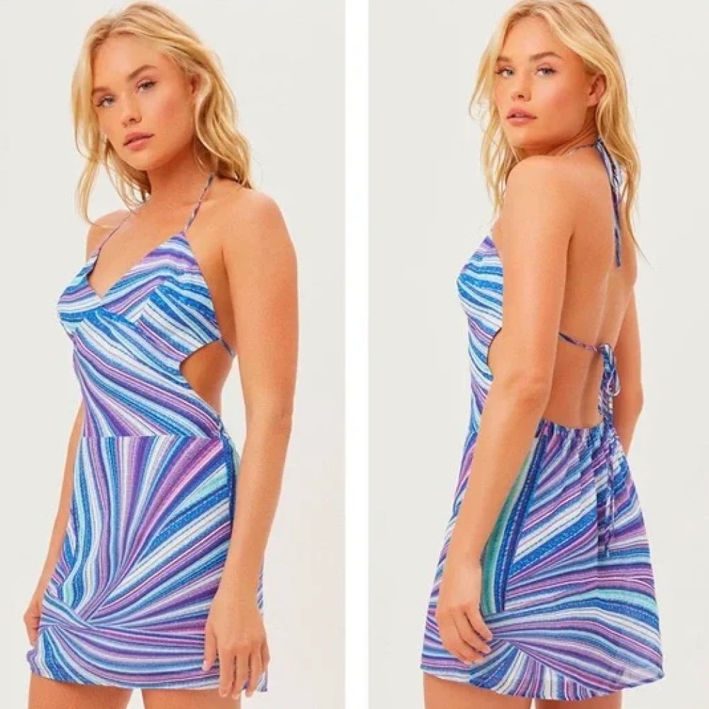 Frankie's Bikinis Debbie Sustainable Halter Dress in Shimmy Blue sz Medium